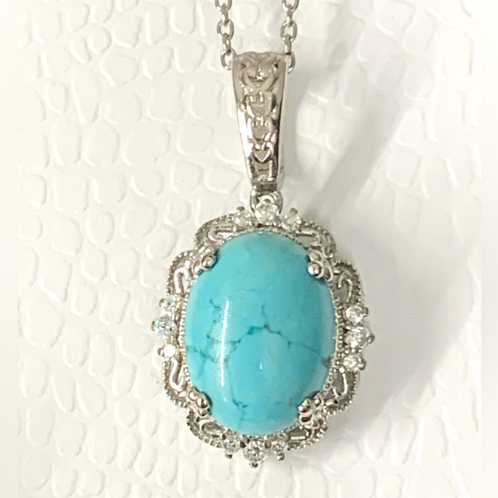 RARE Vintage marked STS karis Silver Rhodium Plated & oval Turquoise CZ Pendant